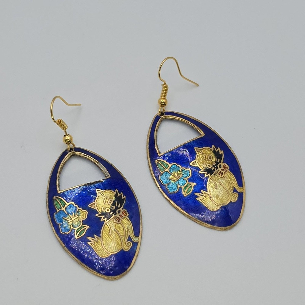 Vtg Cloisonne Kitten Cat Flower Earrings‎ Cobalt Blue Enamel Gold Dangle